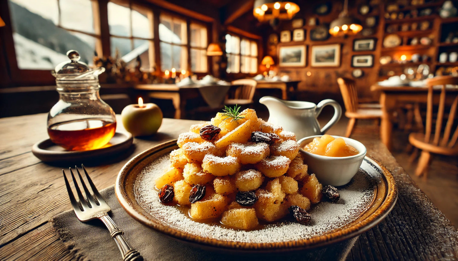 Löstlicher, fluffiger Kaiserschmarrn mit Puderzucker und Apfelmus in einer gemütlichen Alpenhütten-Atmosphäre.